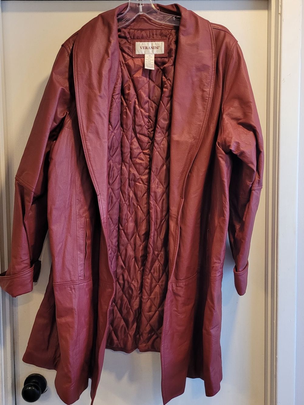 Veranesi Women's Wine-Red Quilted Leather Coat